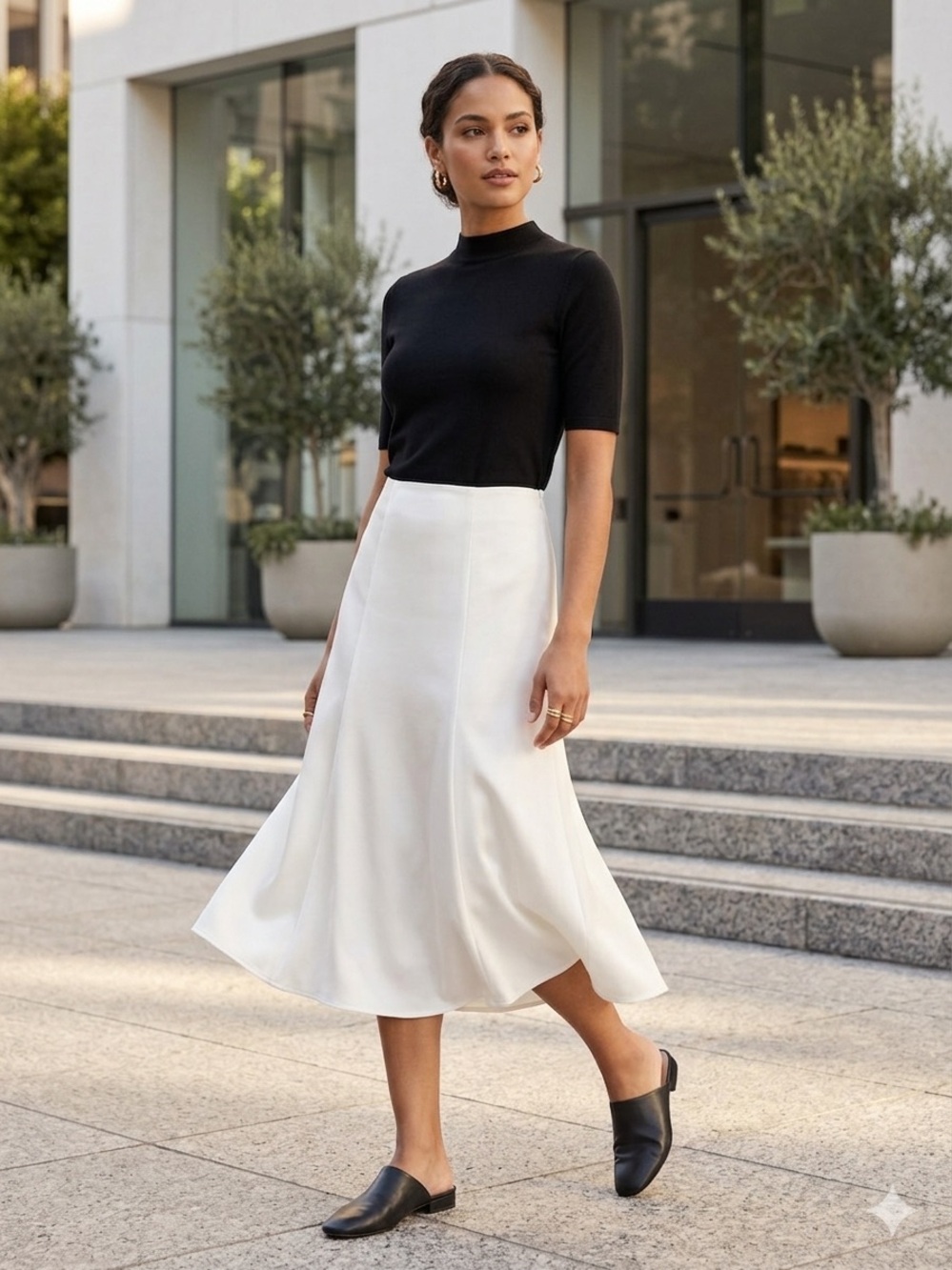 Worthington Black Top with Cream A-Line Midi Skirt